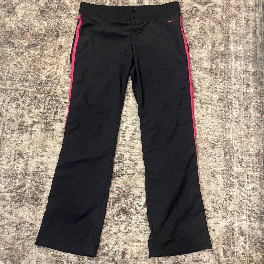 Nike Black Dri Fit Pull On Pants Sz M Pink Stripes Polyester Nylon Gym